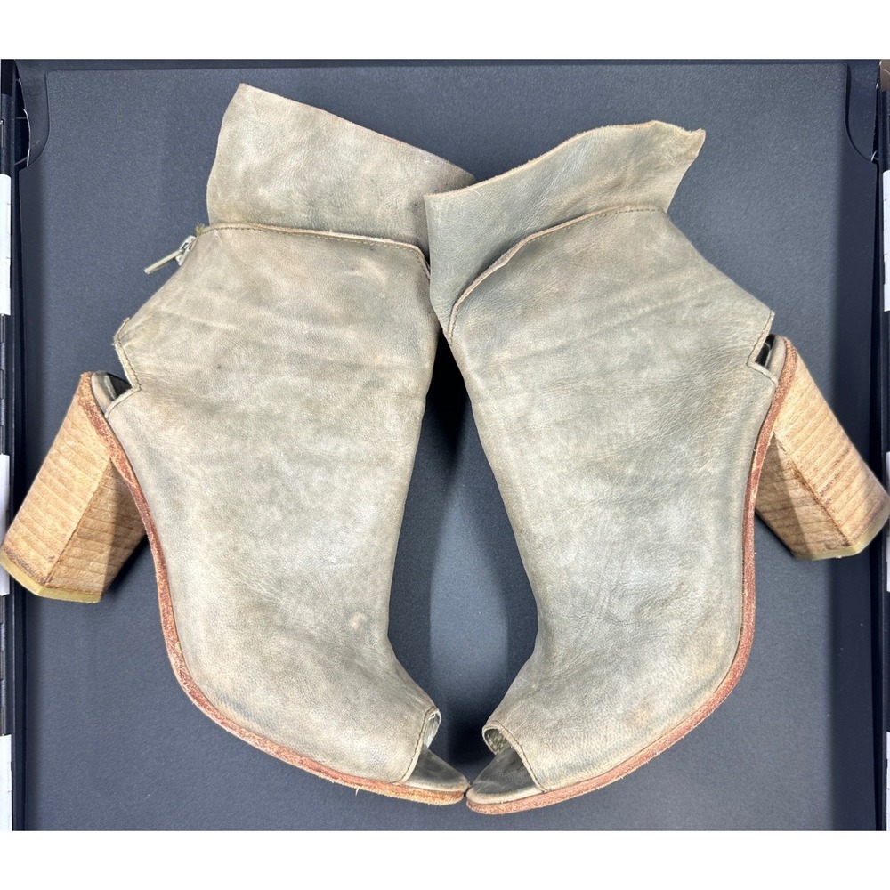 Free People Open Toe Booties Women 36 Sage Green Leather Block Heel Zip